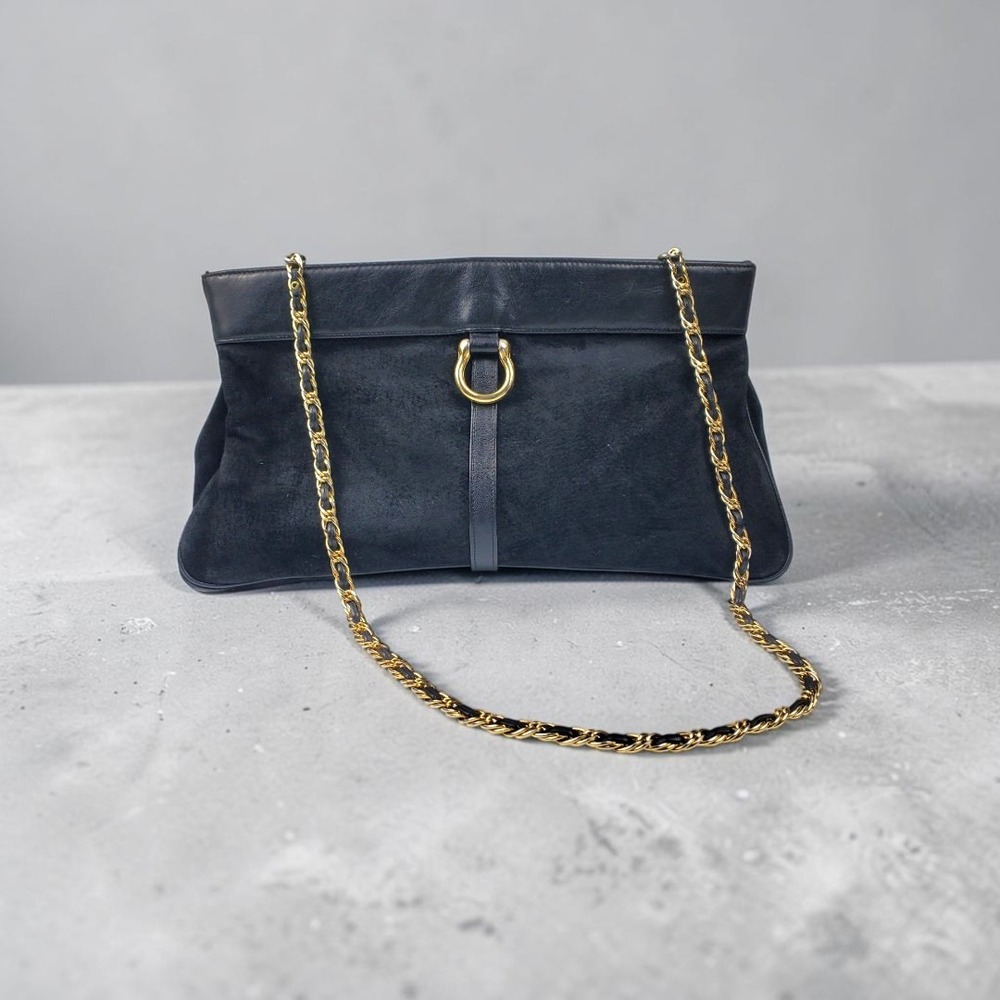 Morris Moskowitz Vintage‎ Navy Black Suede Leather Chain Shoulder Bag Gold Ring